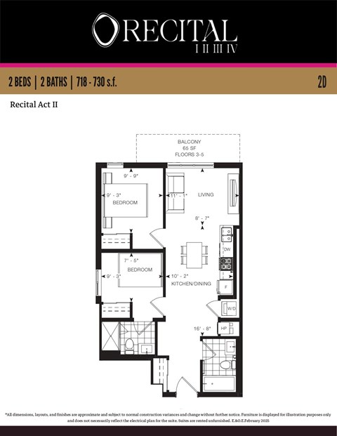 Floor plan for 2 beds, 2 baths, 730 sqft